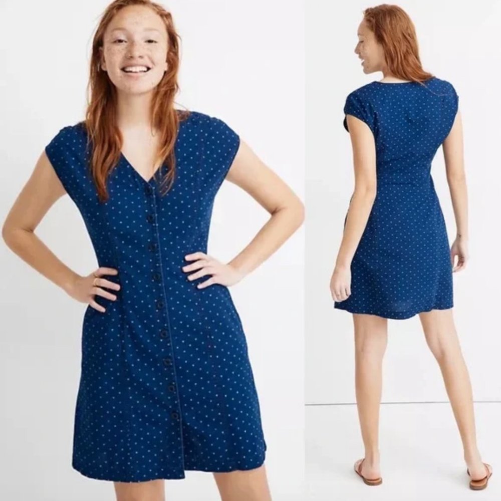 MADEWELL Indigo Cap-Sleeve Button-Front Dress in Rainbow Heart {3D24}